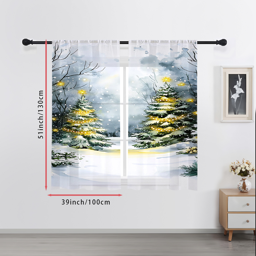 2PCS Sheer Curtains Watercolor - Home Decor Xmas Tree 评论和价格